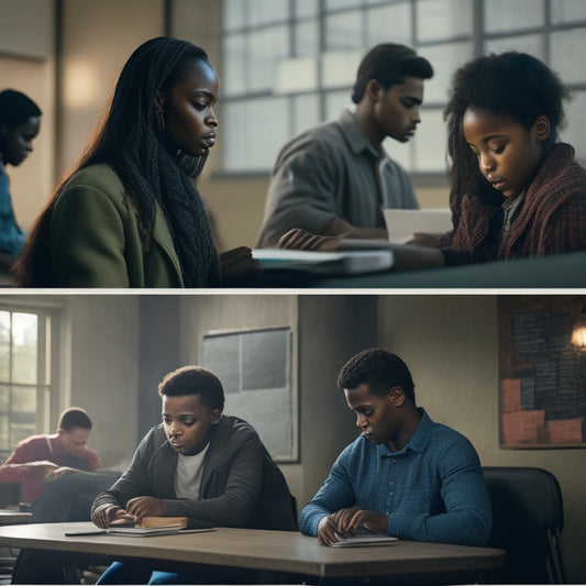 A split-screen image featuring a bustling, well-lit urban classroom with diverse students engaged on laptops, contrasted with a dimly lit, isolated rural setting with a single student struggling on an outdated device.