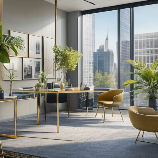 A modern office space with sleek, minimalist furniture, adorned with lush greenery, vibrant artwork, and eclectic decorative accents, bathed in warm, golden lighting, with a cityscape visible through floor-to-ceiling windows.