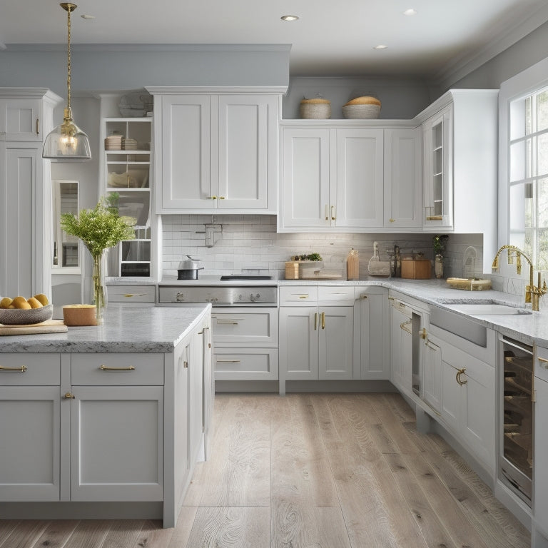 A beautifully styled kitchen with various cabinet styles and finishes, including white shaker, gray flat-panel, and oak raised-panel, with measuring tape and design plans scattered on the countertops.