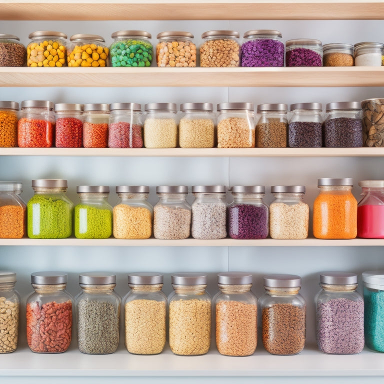 A vibrant, organized pantry with open shelves displaying an assortment of colorful, labeled jars filled with various vegan staples, such as quinoa, beans, and spices, set against a clean, white background.