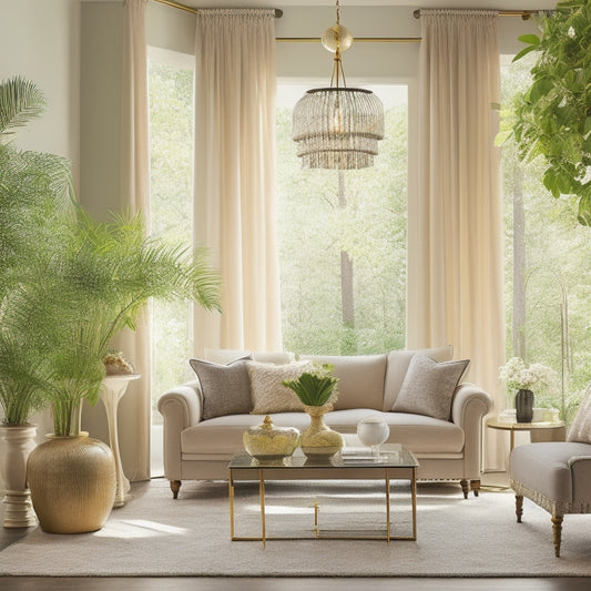 A bright, airy living room with a stunning chandelier, floor lamps, and table lamps from Minka Group, surrounded by lush greenery and warm beige tones, evoking a sense of cozy sophistication.