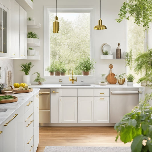 A bright, modern kitchen with sleek white IKEA cabinets, adorned with brass hardware, surrounded by natural light, lush greenery, and a few decorative vases, featuring a large island with a built-in cooktop.