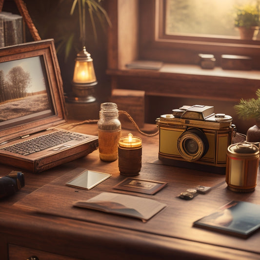 A nostalgic scene with a wooden desk, vintage camera, and scattered family photos, alongside a modern laptop and a slide-to-digital converter, with a warm, golden light and subtle film grain effect.