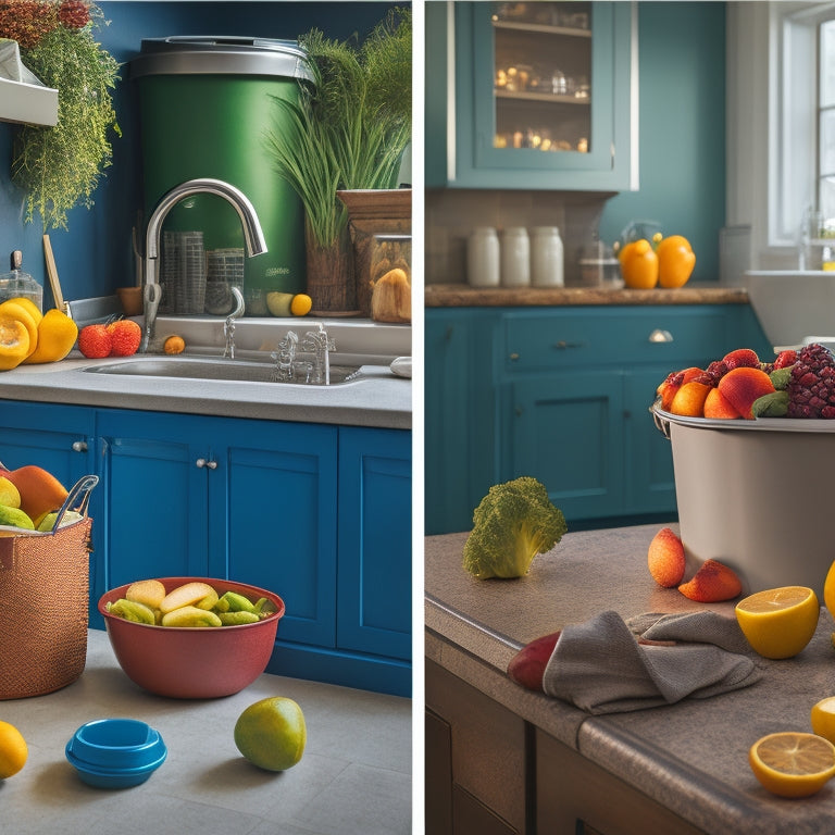 A split-screen image: a cluttered kitchen counter with expired food and overflowing trash can on one side, and a tidy kitchen with a compost bin, reusable containers, and a fresh fruit bowl on the other.