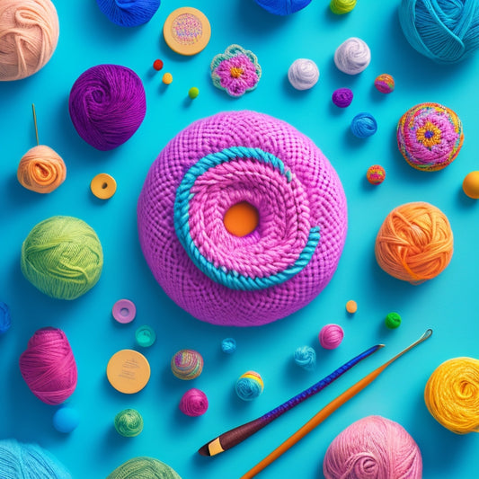 A colorful, whimsical illustration of a crochet hook surrounded by a swirling vortex of variously shaped and sized cut files, yarn balls, and crochet motifs in pastel hues.