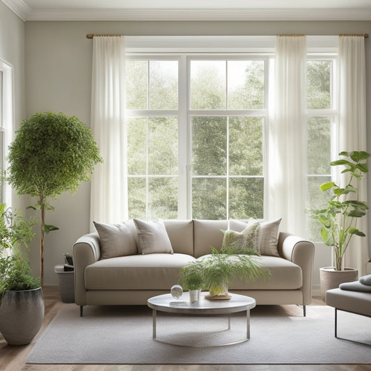 A bright, airy living room with a neutral beige couch, minimalist decor, and a large window with open curtains, showcasing a lush green outdoor space.