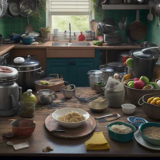 A chaotic kitchen scene with cluttered countertops, overflowing cabinets, and a sink piled high with dirty dishes, surrounded by scattered recipe books and tangled kitchen utensils.