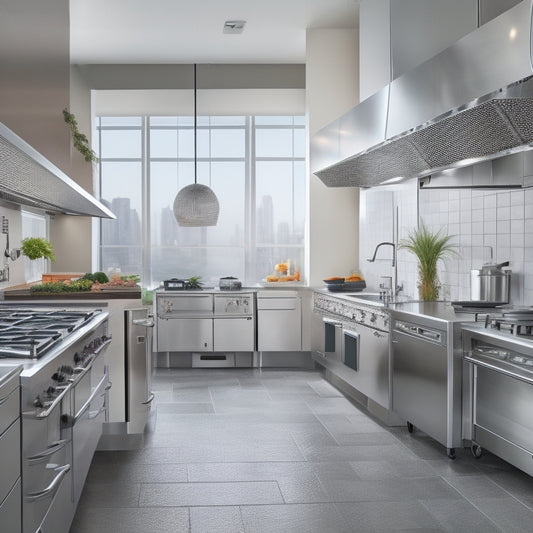 A bustling commercial kitchen with stainless steel countertops, shelves stacked with white plates, utensils hanging from hooks, and a prominent central island featuring a gas range, refrigerator, and dishwasher.