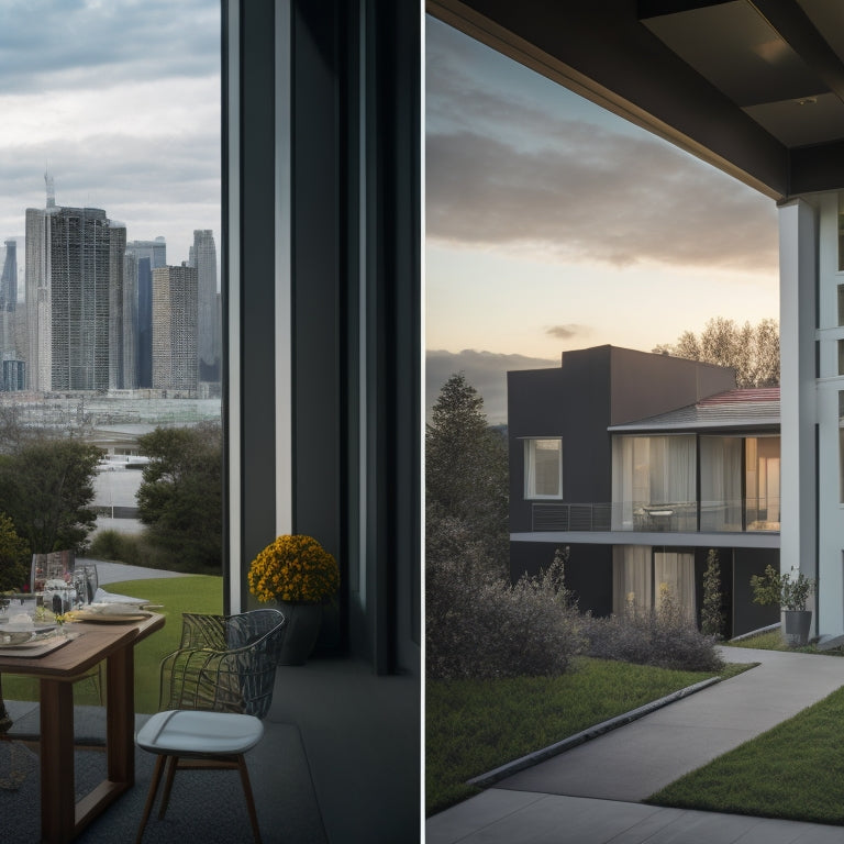 A split-screen image featuring a renovated modern home with a "before" photo on the left, a cityscape with apartment buildings on the right, and a subtle background of a rising graph or chart.