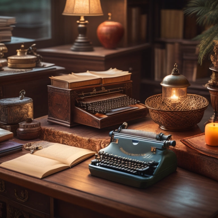 A warm, golden-lit desk with a vintage typewriter, surrounded by stacks of old books, scattered papers, and a few eclectic trinkets, evoking a sense of nostalgia and creative storytelling.