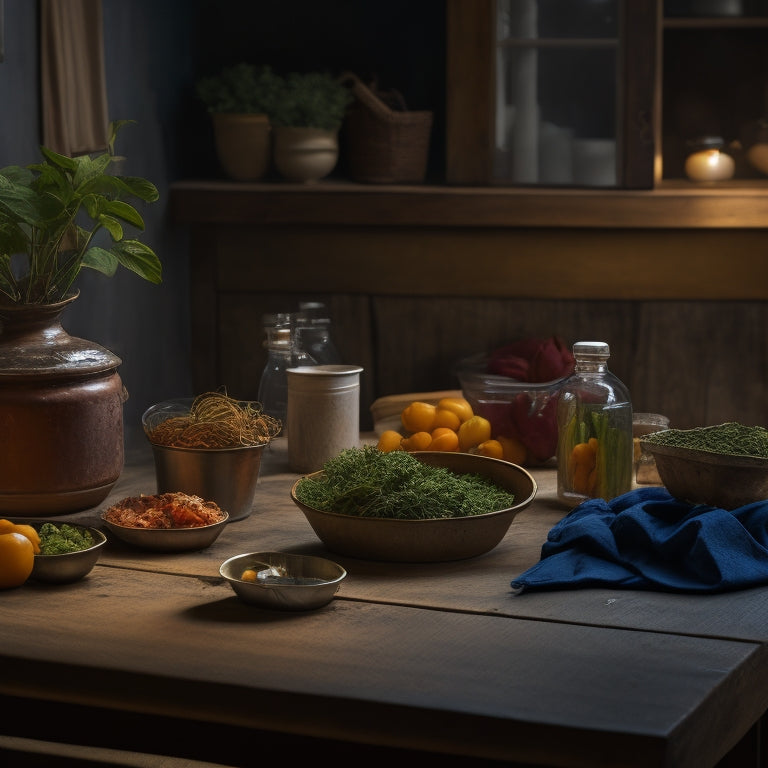 A worn, wooden kitchen table cluttered with takeout containers, crumpled up food wrappers, and a small, wilting herb plant surrounded by darkness, with a faint, distant glow of a farmers' market in the background.