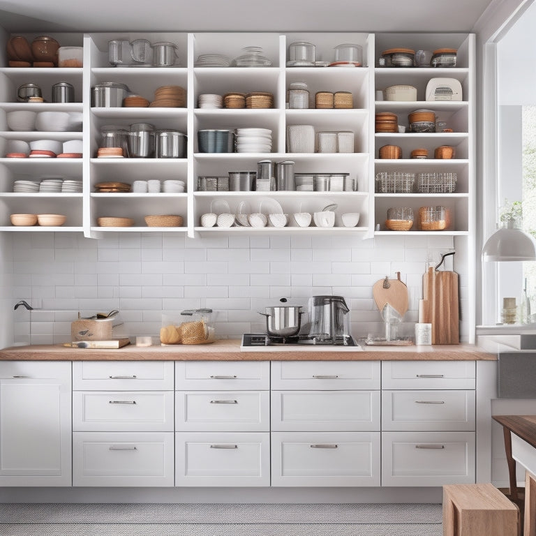 A stylized illustration of a modern kitchen with sleek, white cabinets, pull-out drawers, and adjustable shelves, showcasing a perfectly organized space with utensils, cookware, and ingredients neatly stored and labeled.