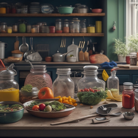 A cluttered kitchen countertop with overflowing utensil jars, stacked dirty dishes, and a tangled mess of kitchen gadgets, with a few sparse, sad vegetables wilting in the background.