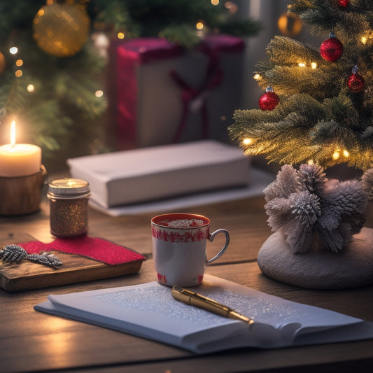 A festive holiday scene featuring a beautifully decorated Christmas tree, a calm and organized desk with a planner, pens, and a cup of steaming hot cocoa, surrounded by snowflakes and twinkling fairy lights.