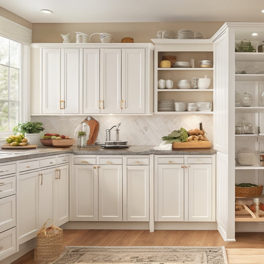 A stylish kitchen with creamy white cabinets, warm wood accents, and sleek chrome hardware, featuring a built-in banquet seat with lift-up storage, a pull-out pantry, and a hidden spice rack.
