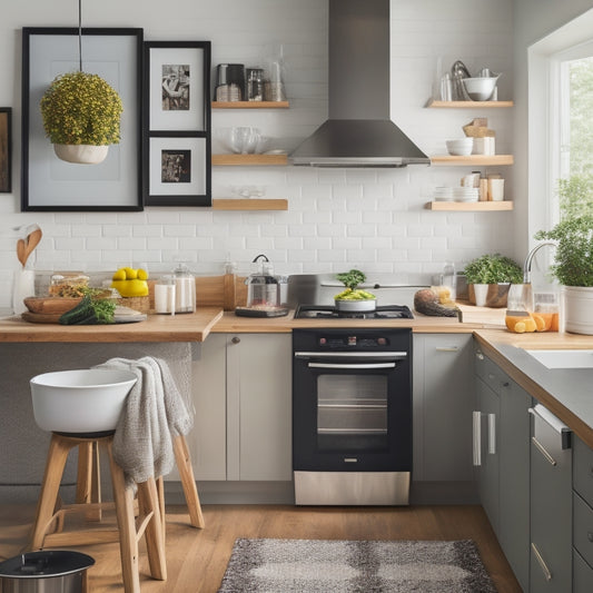 A sleek, modern small kitchen with a tablet on the counter, open to a meal planning app, surrounded by healthy ingredients, utensils, and a small kitchen island with a built-in charging station.