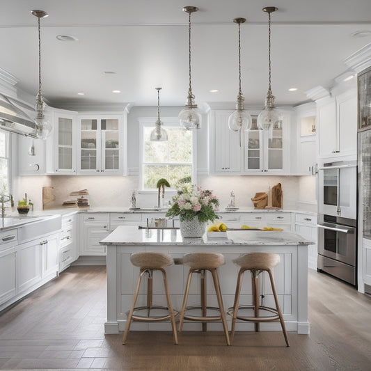 A bright and airy kitchen with a large island at its center, featuring a farmhouse sink and a cooktop, surrounded by sleek white cabinets, polished hardwood floors, and a stunning pendant light fixture.