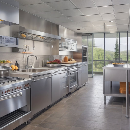 A modern commercial kitchen with sleek stainless steel appliances, a central island with built-in refrigeration units, and a workflow optimized for efficiency, with chefs moving seamlessly around the space.