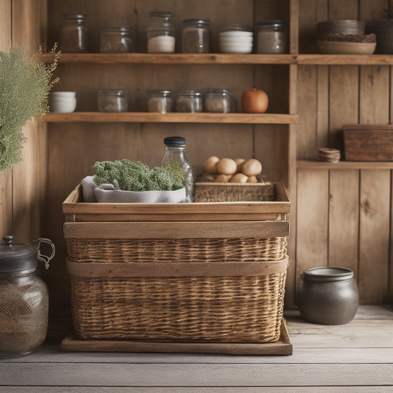 A rustic wooden crate, repurposed as a pantry storage unit, sits on a distressed farmhouse-style kitchen counter, filled with mismatched vintage jars, woven baskets, and a few scattered fresh herbs.