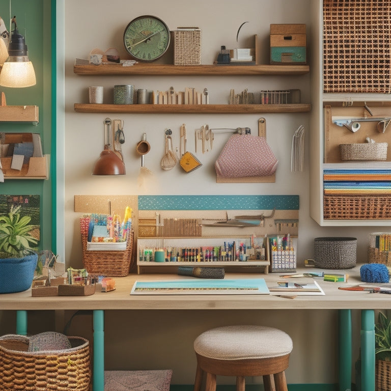 A tidy, well-lit workspace with a variety of colorful DIY organizers, including a pegboard, woven baskets, and a wooden desk tray, surrounded by crafting tools and supplies.