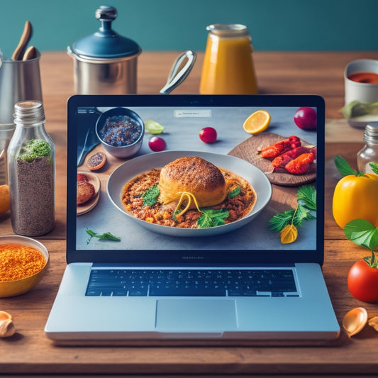 A stylized illustration of a laptop screen displaying a search bar with a fork and spoon icons, surrounded by swirling recipe cards, utensils, and ingredients, with a subtle kitchen background.