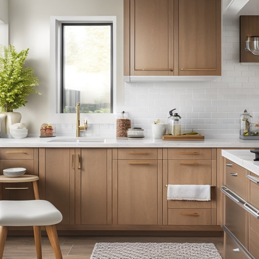 A bright, modern kitchen with a sleek sink area, featuring a pull-out trash can, a built-in soap dispenser, and a slide-out utensil organizer with a subtle wood tone accent.