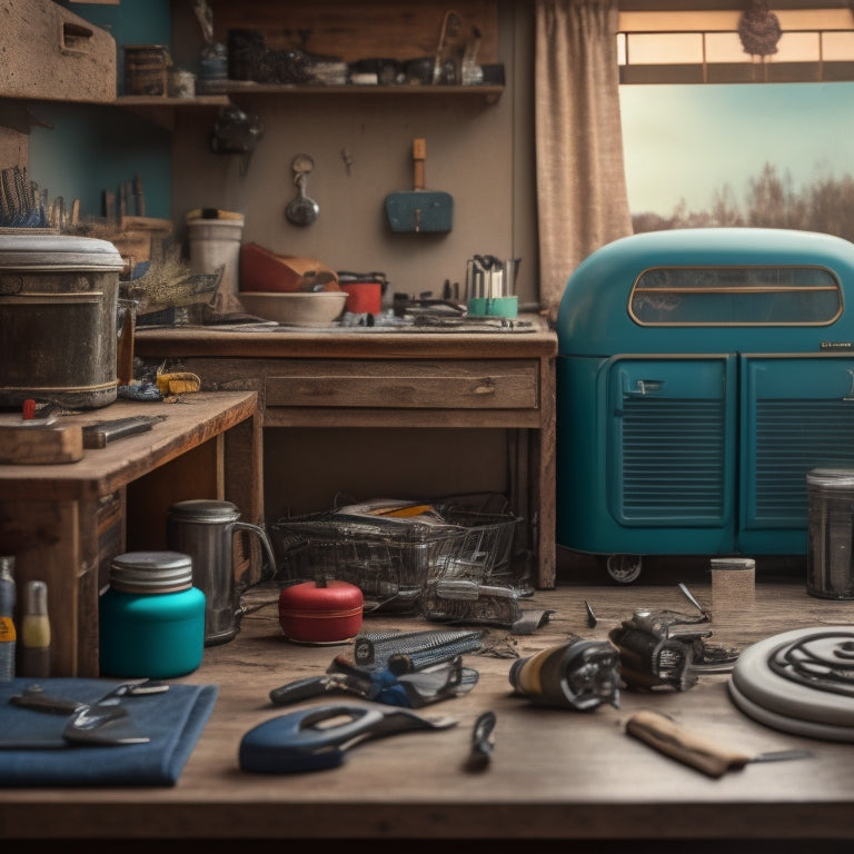 A worn, vintage RV with open compartments, tools scattered around, and a workbench in the background, surrounded by replacement parts, wires, and DIY project materials.