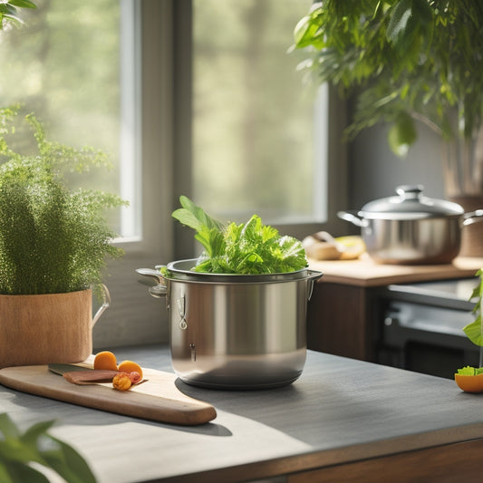 A serene kitchen scene featuring a bamboo cutting board, stainless steel utensils, a ceramic cooking pot, and a compost bin, surrounded by lush greenery and soft, natural lighting.