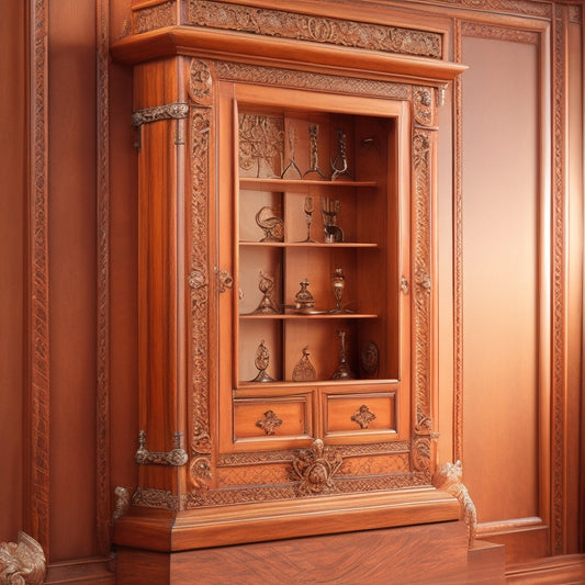 A beautifully crafted wooden wall display cabinet with ornate carvings, soft golden lighting, and a subtle wood grain texture, showcased against a warm, creamy beige background.