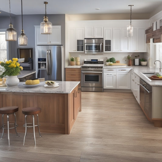 A modern kitchen with a large island in the center, surrounded by digital devices (laptop, tablet, and smartphone) displaying kitchen design templates, with design elements like cabinets, countertops, and appliances scattered around.