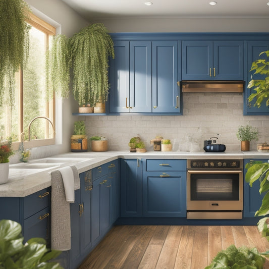 A beautifully styled kitchen with five blue cabinets of varying shades against a crisp white background, surrounded by lush greenery and warm natural light.