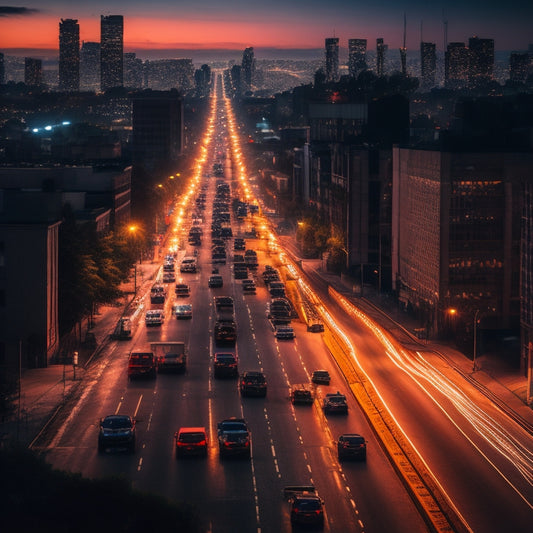 A darkened cityscape at dusk with a few cars stalled in the middle of the road, their headlights and taillights dark, surrounded by faint, glowing electrical sparks.