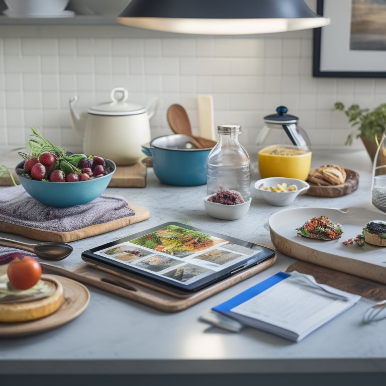 A cluttered kitchen countertop with scattered recipe books, utensils, and food items, surrounded by a halo of organized calm, with a single iPhone displaying a tidy digital recipe on its screen.