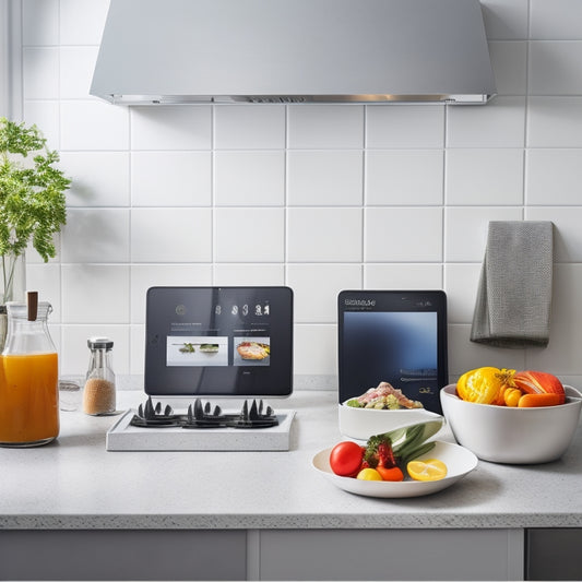 A bright, modern kitchen with sleek countertops and minimalist decor, featuring a tablet with a digital template on the screen, surrounded by organized kitchen utensils and a few fresh ingredients.