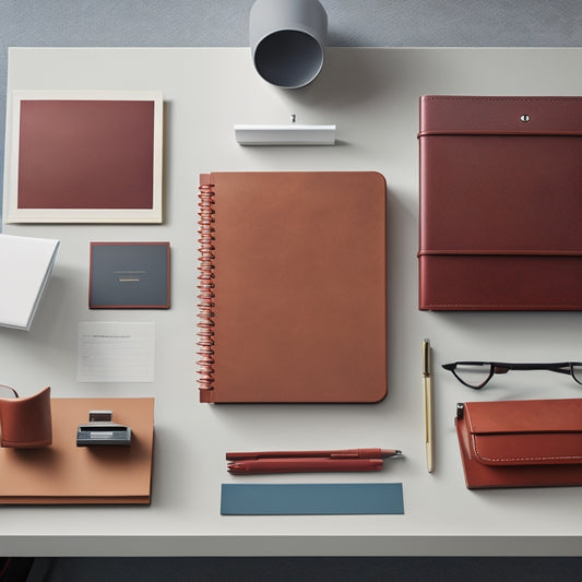 A serene, minimalist workspace with a sleek wooden desk, a single, leather-bound planner, and a few, carefully arranged, color-coded folders, surrounded by plenty of negative space.