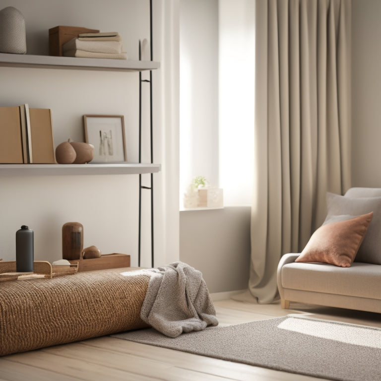 A serene, minimalist living room with a few, carefully selected items on a shelf, a folded blanket, and a sparse, organized closet in the background, lit by soft, natural light.