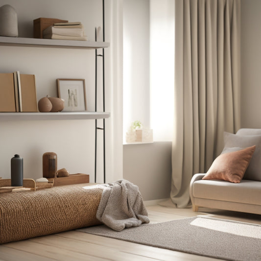 A serene, minimalist living room with a few, carefully selected items on a shelf, a folded blanket, and a sparse, organized closet in the background, lit by soft, natural light.