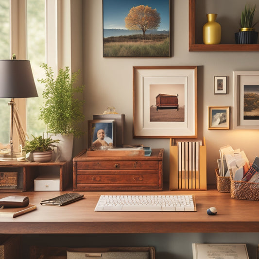 A tidy home office with a wooden desk, a labeled file organizer, and a few neatly arranged folders, surrounded by a few minimal decorations and a calm, natural background.