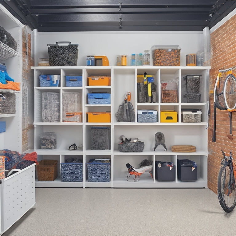 A well-organized garage with Saferacks installed: overhead storage racks, wall-mounted bins, and a slatwall with hooks, baskets, and a magnetic board, surrounded by a clean and clutter-free floor.