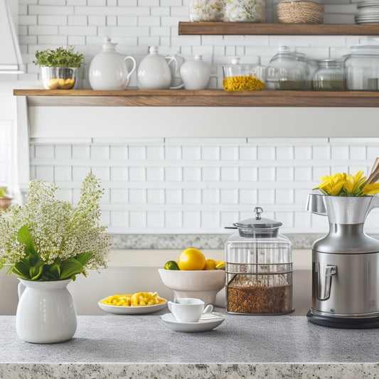 A clutter-free kitchen counter with a utensil organizer, a tiered spice rack, and a labeled coffee station, surrounded by a few strategically placed decorative vases and a vase with fresh flowers.