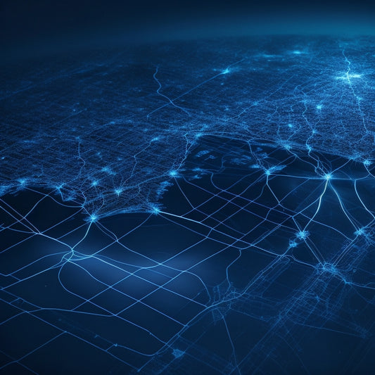 An intricate, abstract map with glowing blue pathways and nodes, surrounded by faint customer silhouettes, set against a dark gray background with subtle, swirling patterns of data and analytics.