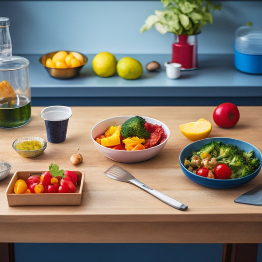 A tidy kitchen counter with a single, perfectly portioned meal in a small, compartmentalized container, surrounded by a few carefully chosen utensils and a small cutting board with a lone, sliced vegetable.