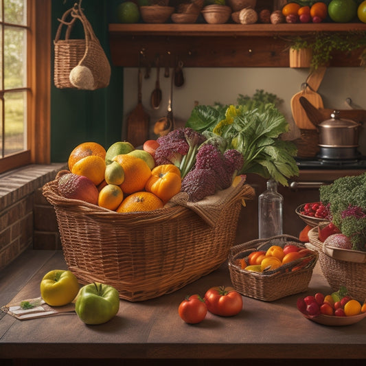 A warm and inviting kitchen scene with a large, wooden, rustic table at its center, adorned with a woven basket overflowing with fresh fruits and vegetables, surrounded by open cookbooks and a few scattered notes.