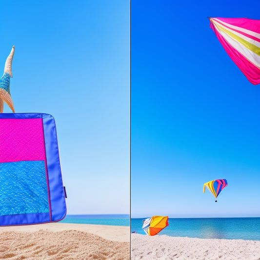 A split-screen image featuring a Windows tablet on a sunny beach towel, surrounded by seashells and sunglasses, next to a colorful kite soaring high in a clear blue sky.