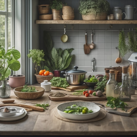 A tidy, compact kitchen with a small wooden table, surrounded by lush greenery, featuring a few choice ingredients, cooking utensils, and a miniature cookbook open to a recipe page.