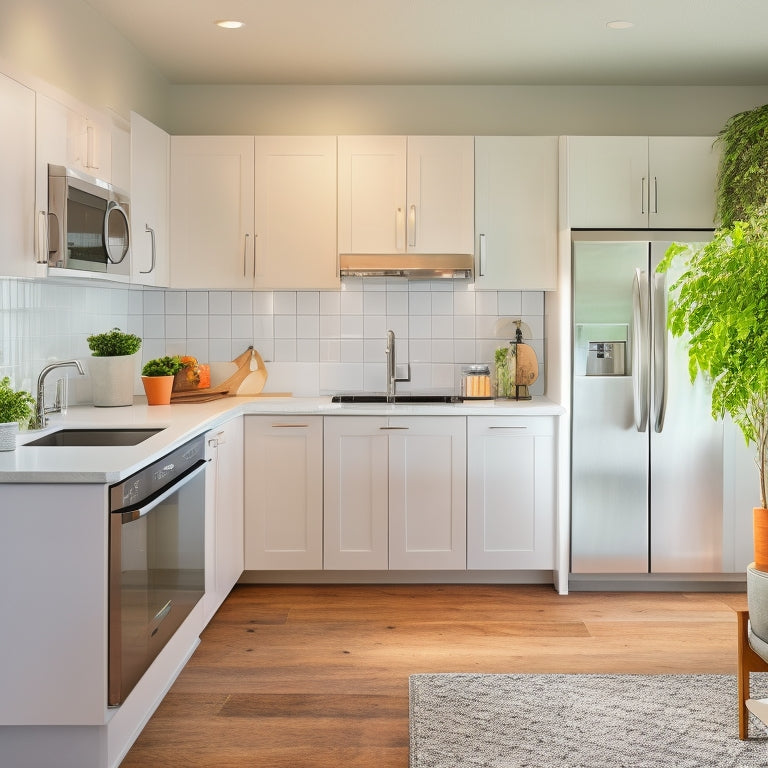 A bright, modern kitchen with sleek, white cabinets, stainless steel appliances, and quartz countertops, showcasing a perfectly installed IKEA kitchen with precise layout and minimal clutter.