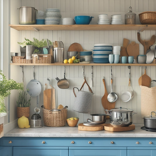 A serene, well-organized kitchen with a few strategically placed items: a utensil organizer on the counter, a hanging pot rack, and a few cookbooks stacked vertically on a shelf.