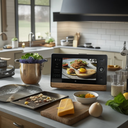 A modern kitchen with a tablet on the counter displaying the Cook'n app, surrounded by open cookbooks, utensils, and ingredients, with a chef's hat and apron in the background.