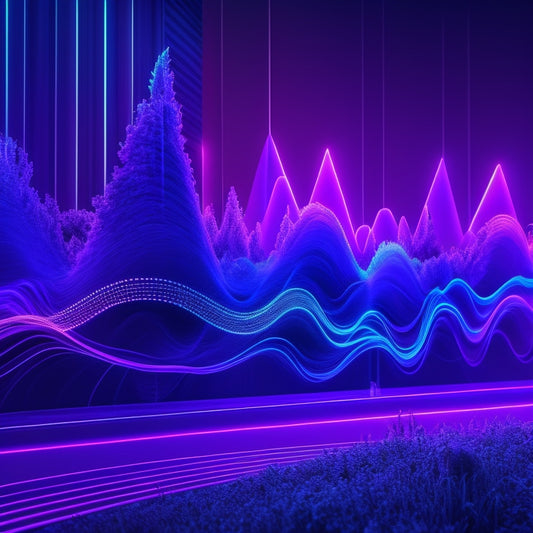A futuristic audio waveform visualizer with glowing blue lines and swirling purple clouds, set against a dark background with a subtle grid pattern, surrounded by sleek, metallic audio equipment.