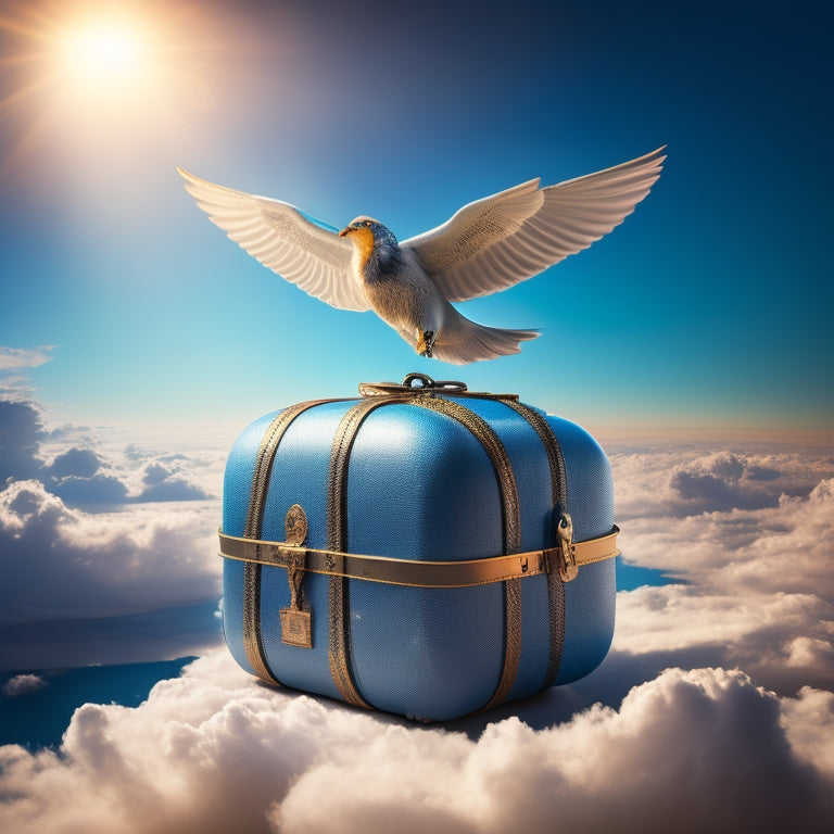 A globe with a suitcase and a pair of wings sprouting from it, surrounded by a halo of light, set against a vibrant blue background with subtle, swirling clouds.